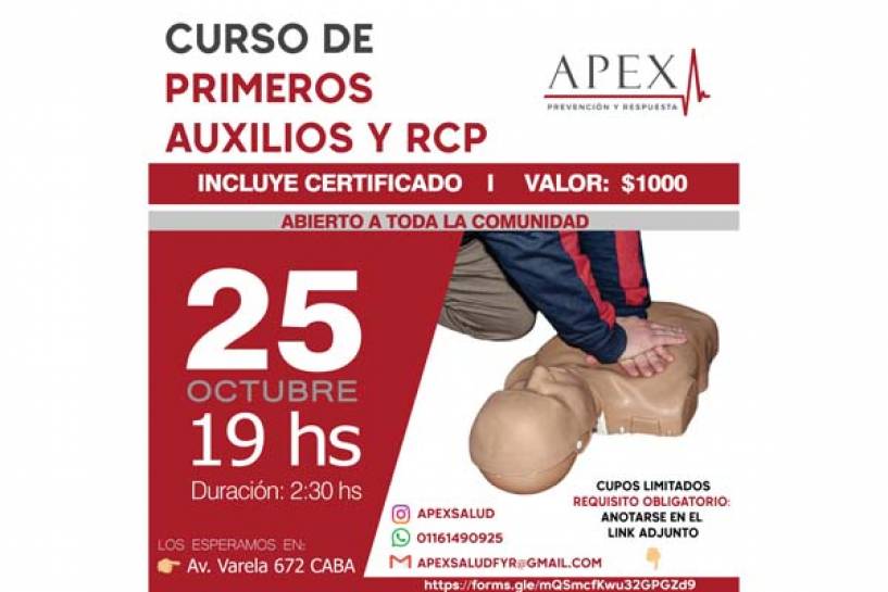25 de octubre: APEX SALUD convoca a su CURSO DE PRIMEROS AUXILIOS Y RCP
